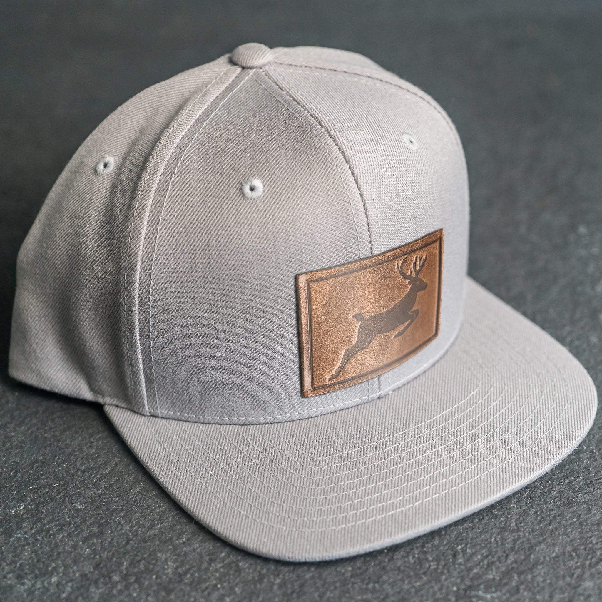 LIMITED EDITION - FLAT BILL Style Hat with Leather Patch - Silver Hat - 30+ Stamp Design Options