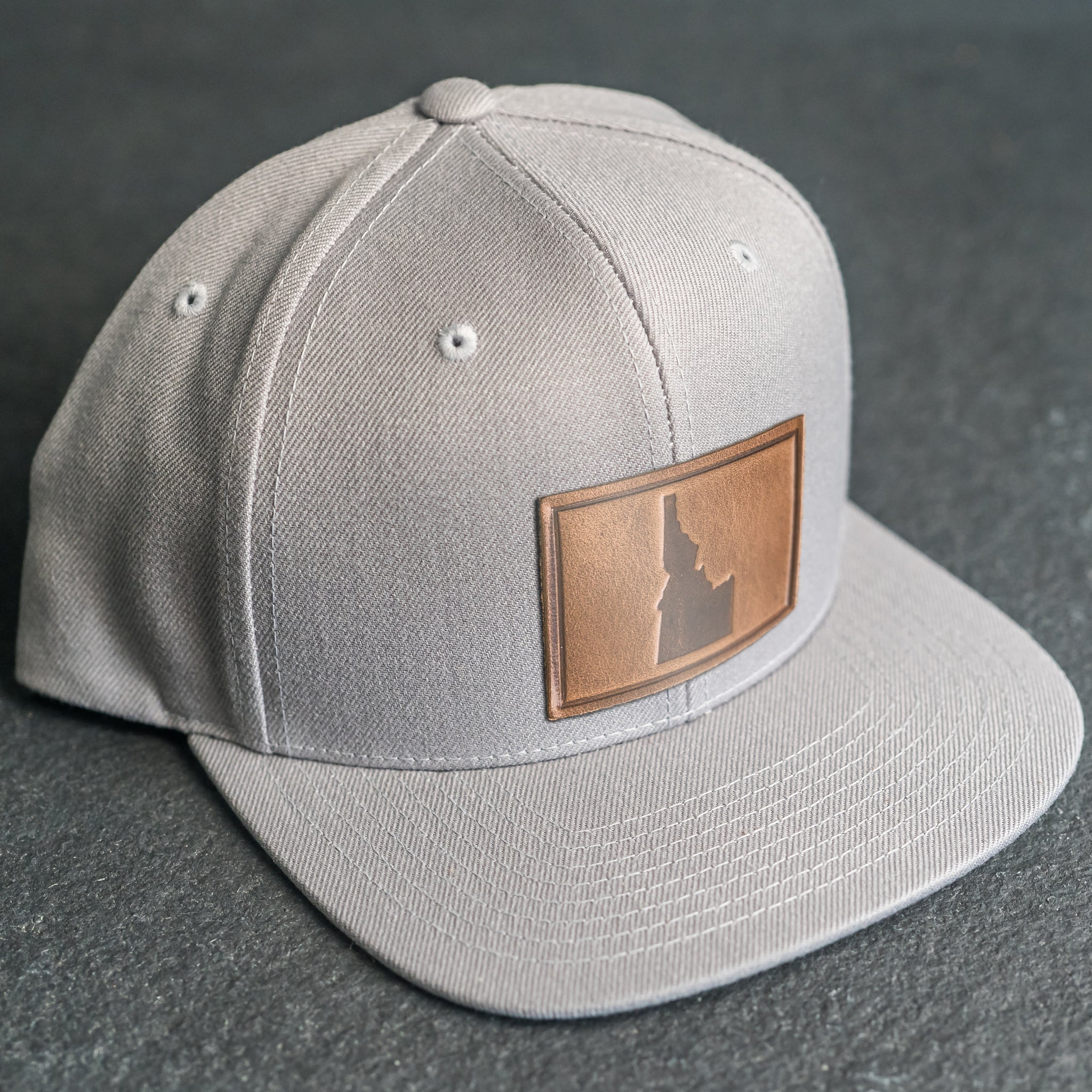 LIMITED EDITION - FLAT BILL Style Hat with Leather Patch - Silver Hat - 30+ Stamp Design Options