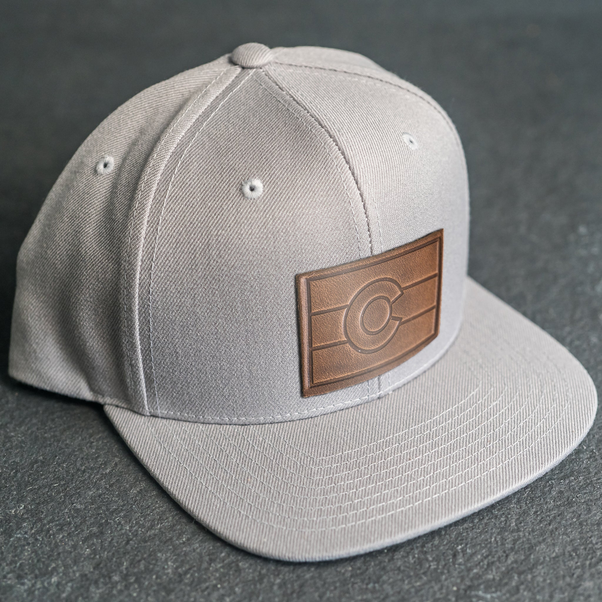 LIMITED EDITION - FLAT BILL Style Hat with Leather Patch - Silver Hat - 30+ Stamp Design Options