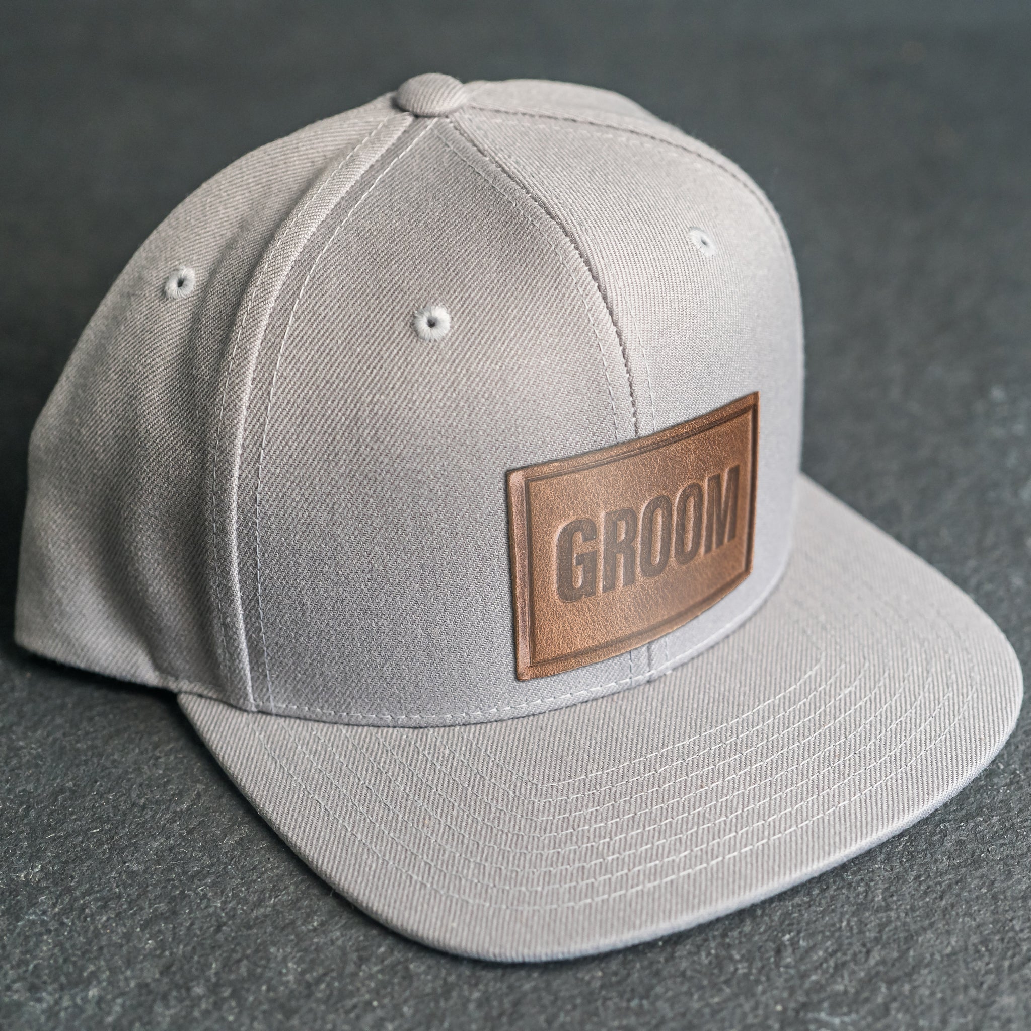 LIMITED EDITION - FLAT BILL Style Hat with Leather Patch - Silver Hat - 30+ Stamp Design Options