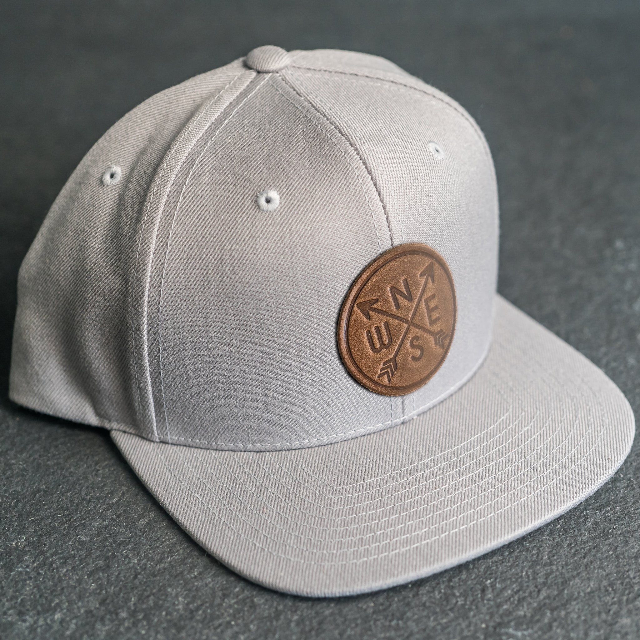 LIMITED EDITION - FLAT BILL Style Hat with Leather Patch - Silver Hat - 30+ Stamp Design Options