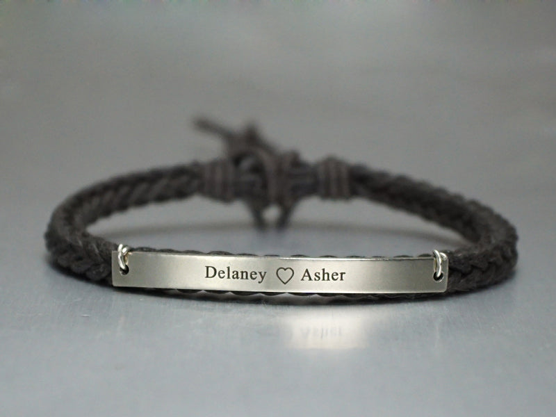 Name Bracelet for Women, His and Her Jewelry, Custom Engraved Cuff Cord Braided, Bridesmaid gift