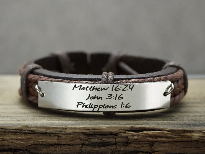 Bible Verse Bracelet-Matthew 16:24 Personalized Scripture Bracelet, Custom Leather Engraved Bracelet