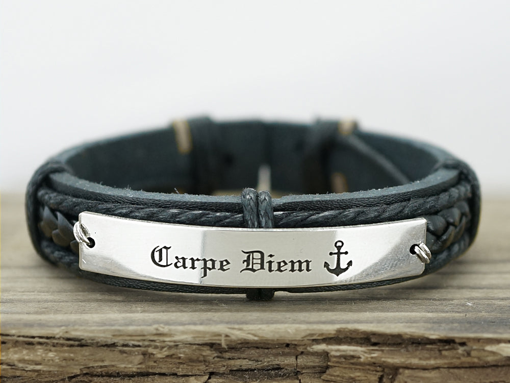 Carpe Diem Bracelet, Inspirational Bracelet for Him, Latin Quote Bracelet, Leather Anchor Bracelet