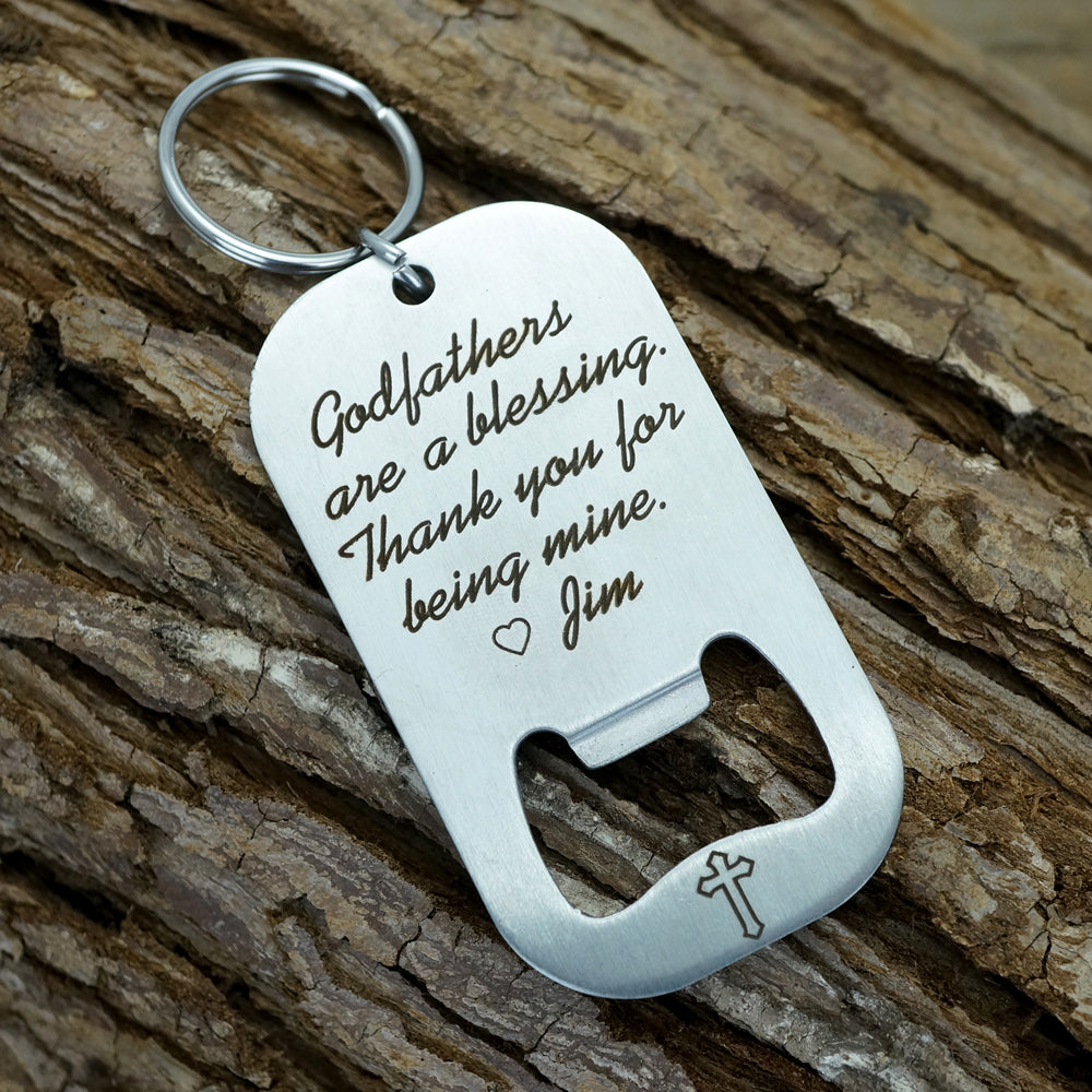 Godfather Keychain, Baptism Gift, Cross Charm Engraved, Christening Keychain, Engraved Bottle Opener