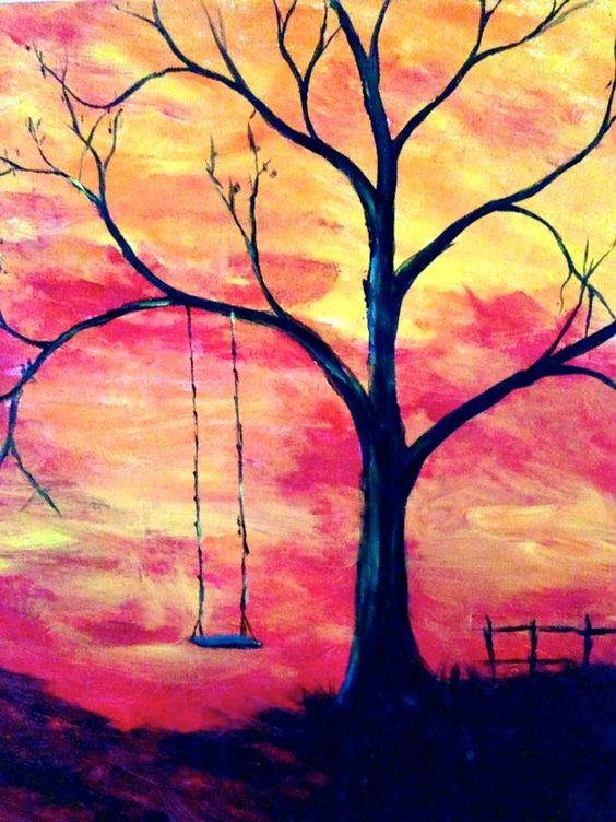 Easy Landscape Painting Ideas for Beginners, Simple Canvas Painting Ideas for Kids, Easy Tree Paintings, Swing Painting, Easy Acrylic Painting Ideas for Beginners, Easy Abstract Paintings