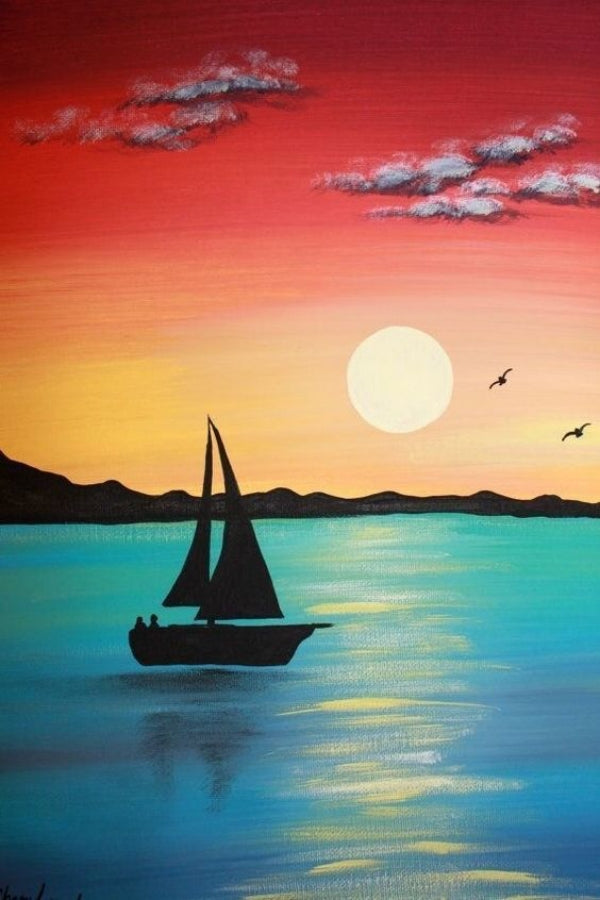 30 Easy Acrylic Painting Ideas for Beginners, Sunrise Paintings, Easy Landscape Painting Ideas for Beginners, Simple Canvas Painting Ideas for Kids, Boat Paintings, Easy Abstract Paintings
