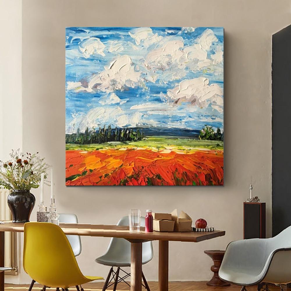 Red Poppy Field and Sky, Abstract Landscape Painting, Large Landscape Painting for Dining Room, Heavy Texture Painting