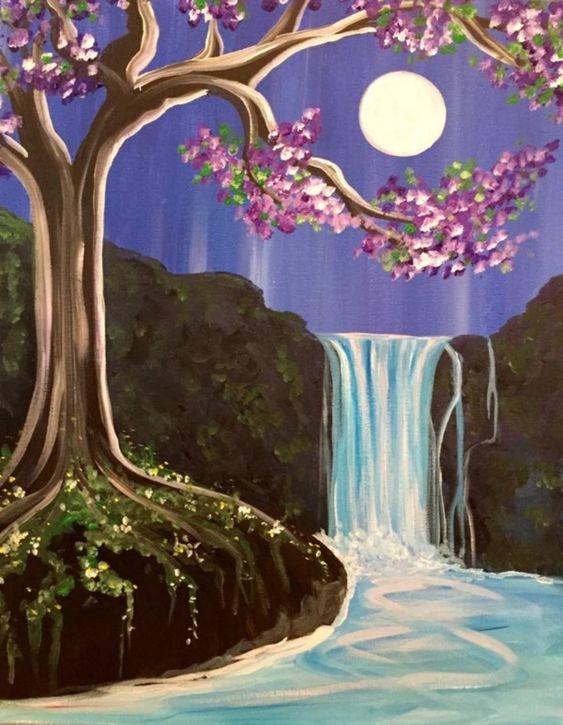 EASY Waterfall Landscape How To Paint Acrylics For Beginners: Paint Night  At Home
