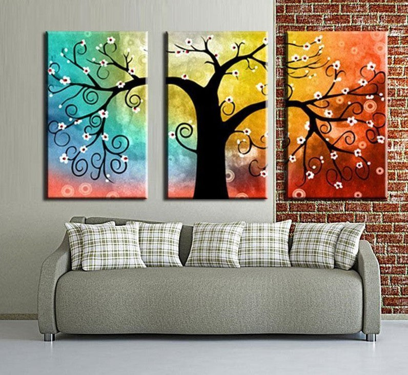 3 Piece Canvas Painting, Tree of Life Painting, Hand Painted Wall Art, Acrylic Painting for Bedroom, Group Paintings for Sale