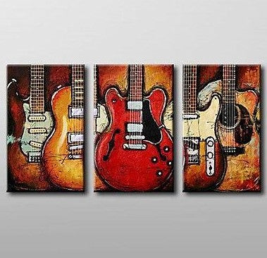 Modern Abstract Painting, 3 Piece Canvas Art, Red Abstract Painting, Electric Guitar Painting, Canvas Painting for Living Room