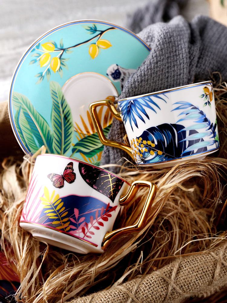 Jungle Pattern Porcelain Coffee Cups, Tea Cups and Saucers, Coffee Cups with Gold Trim and Gift Box