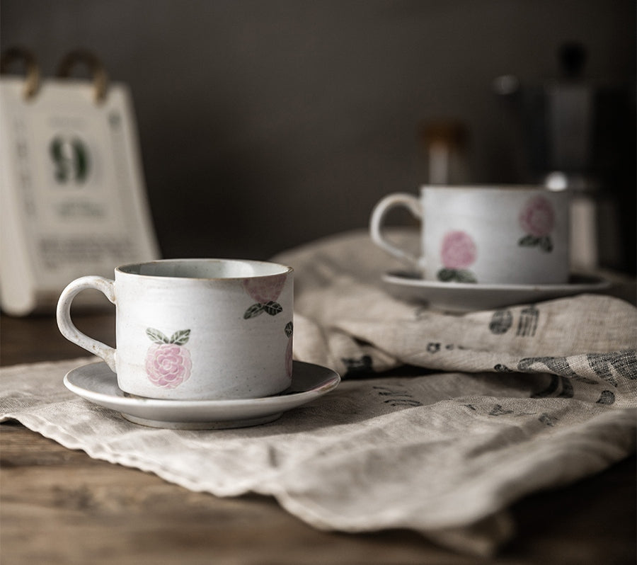 Cappuccino Coffee Mug. Rose Flower Pattern Coffee Cup. Tea Cup. Pottery Coffee Cups. Coffee Cup and Saucer Set
