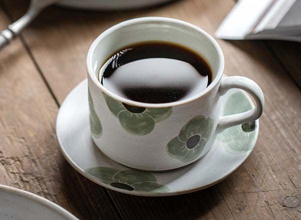 Cappuccino Coffee Cup, Spring Flower Coffee Cup, Rustic Tea Cup, Pottery Coffee Cups, Coffee Cup and Saucer Set