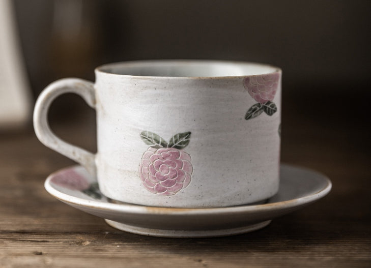 Cappuccino Coffee Mug. Rose Flower Pattern Coffee Cup. Tea Cup. Pottery Coffee Cups. Coffee Cup and Saucer Set
