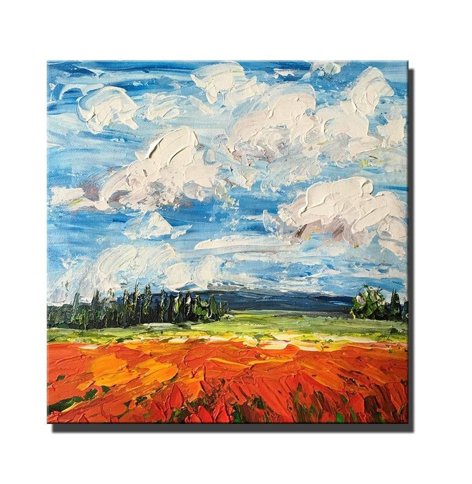 Red Poppy Field and Sky, Abstract Landscape Painting, Large Landscape Painting for Dining Room, Heavy Texture Painting