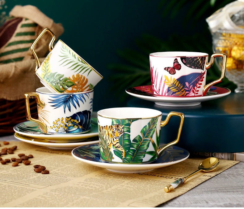 Jungle Pattern Porcelain Coffee Cups. Tea Cups and Saucers. Coffee Cups with Gold Trim and Gift Box