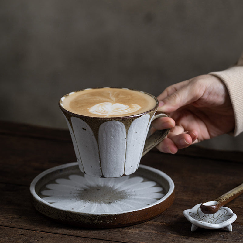 Daisy Flower Pattern Coffee Cup, Cappuccino Coffee Mug, Pottery Coffee Cups, Latte Coffee Cup, Tea Cup, Coffee Cup and Saucer Set