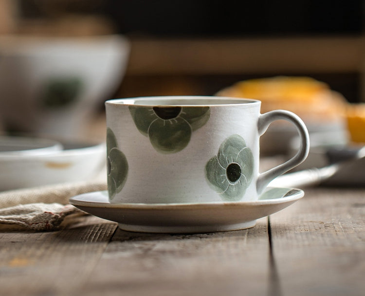 Cappuccino Coffee Cup, Spring Flower Coffee Cup, Rustic Tea Cup, Pottery Coffee Cups, Coffee Cup and Saucer Set