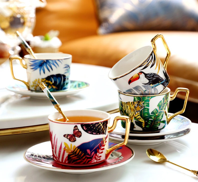 Jungle Pattern Porcelain Coffee Cups, Tea Cups and Saucers, Coffee Cups with Gold Trim and Gift Box