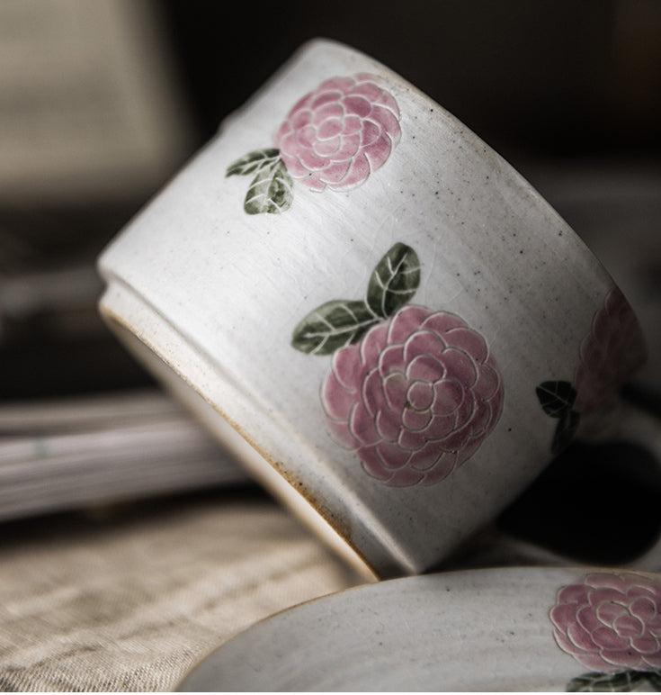 Rose Flower Pattern Coffee Cup. Cappuccino Coffee Mug. Tea Cup. Pottery Coffee Cups. Coffee Cup and Saucer Set