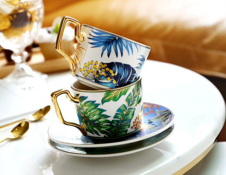 Jungle Pattern Porcelain Coffee Cups. Tea Cups and Saucers. Coffee Cups with Gold Trim and Gift Box