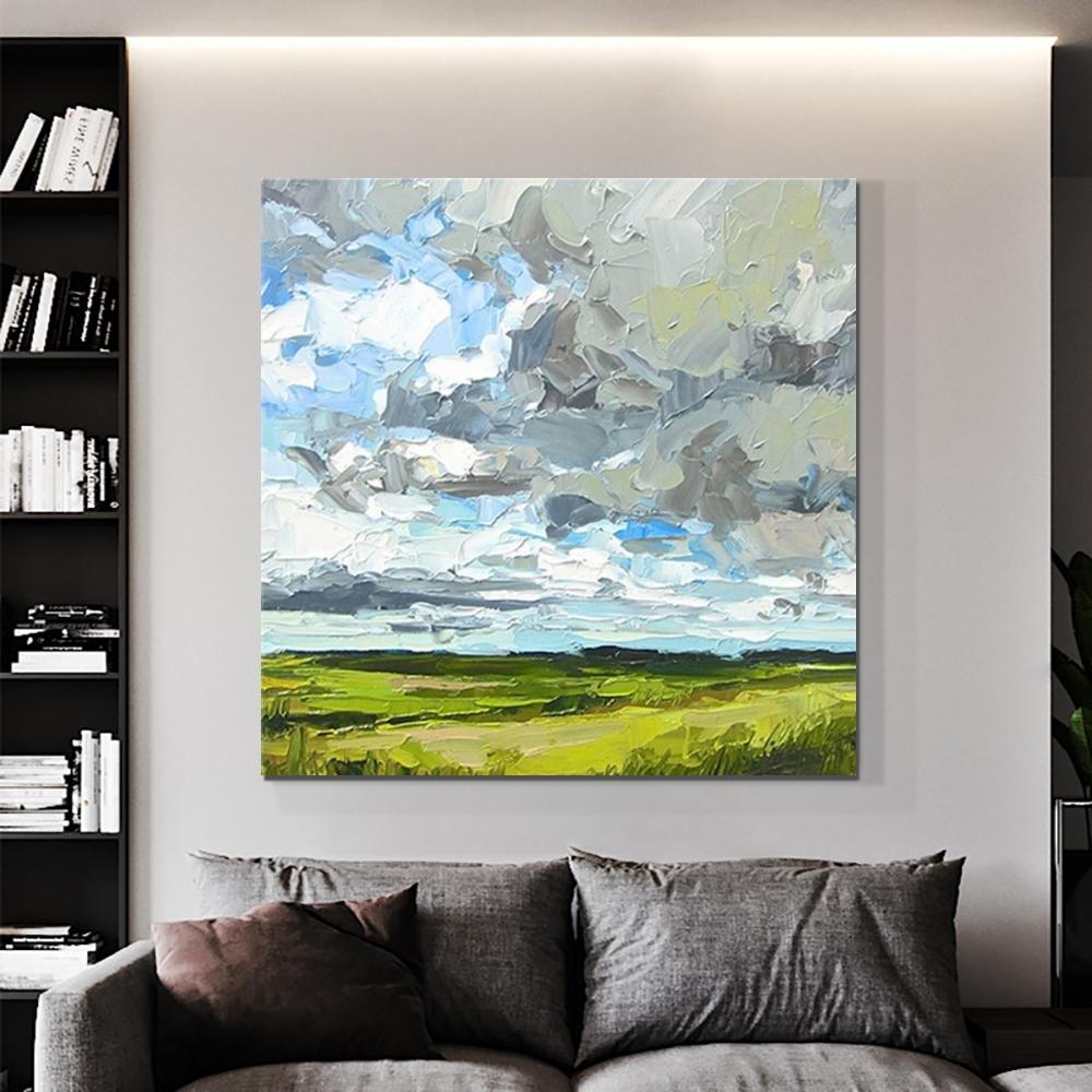 Abstract Landscape Painting, Grass Land under Sky Painting, Large Acrylic Paintings for Bedroom, Heavy Texture Canvas Art