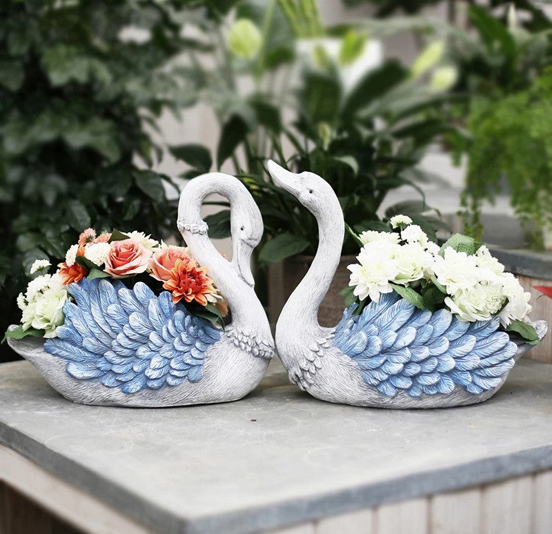 Blue Wing Swan Flower Pot, Small Animal Statue for Garden Ornament, Swan Lovers Statues