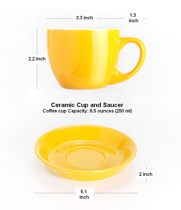 Yellow Coffee Cup. Cappuccino Coffee Mug. Yellow Tea Cup. Ceramic Coffee Cup. Coffee Cup and Saucer Set