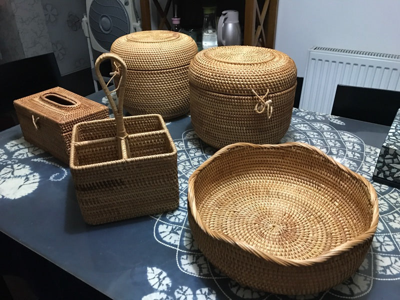 Small round storage baskets for dining room, handmade rattan storage baskets for kitchen