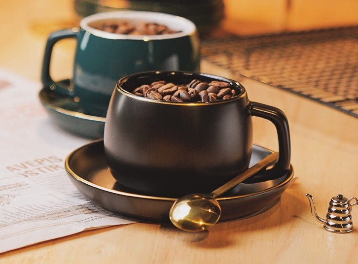 Black Coffee Cup, Black Tea Cup, Ceramic Cup, Round Coffee Cup and Saucer Set