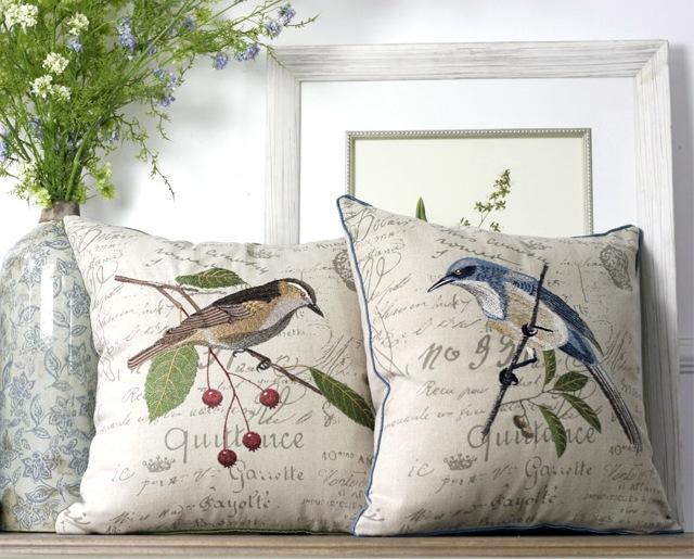 Bird Embroidery Pillows, Cotton and Linen Pillow Cover, Rustic Sofa Throw Pillows, Decorative Throw Pillows for Couch