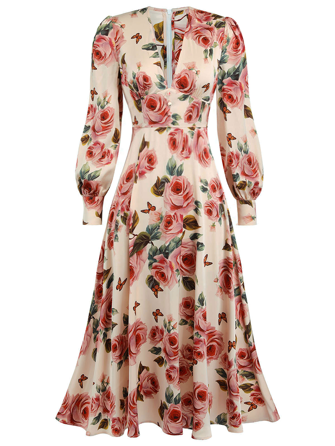 Retro Stage 1950s Rose V-Neck Long Sleeves Dress