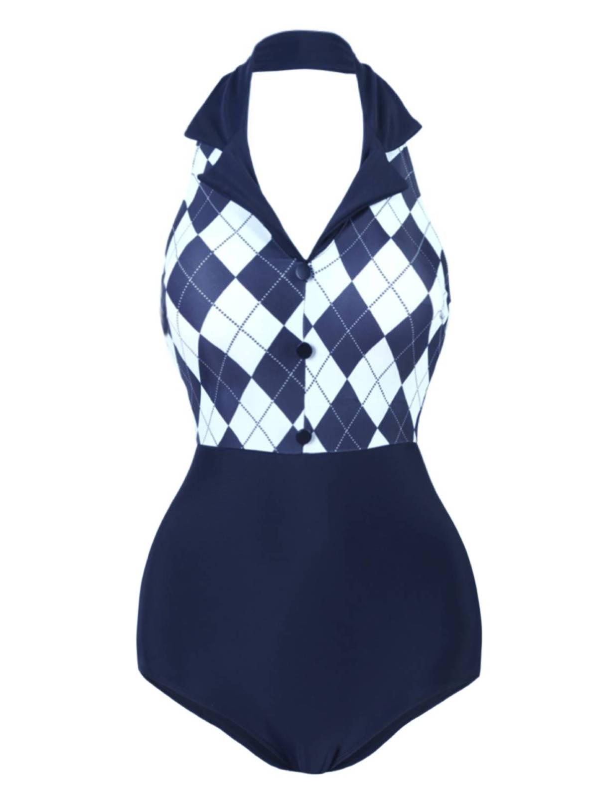 Navy Blue Halter Plaid One-Piece Swimsuit