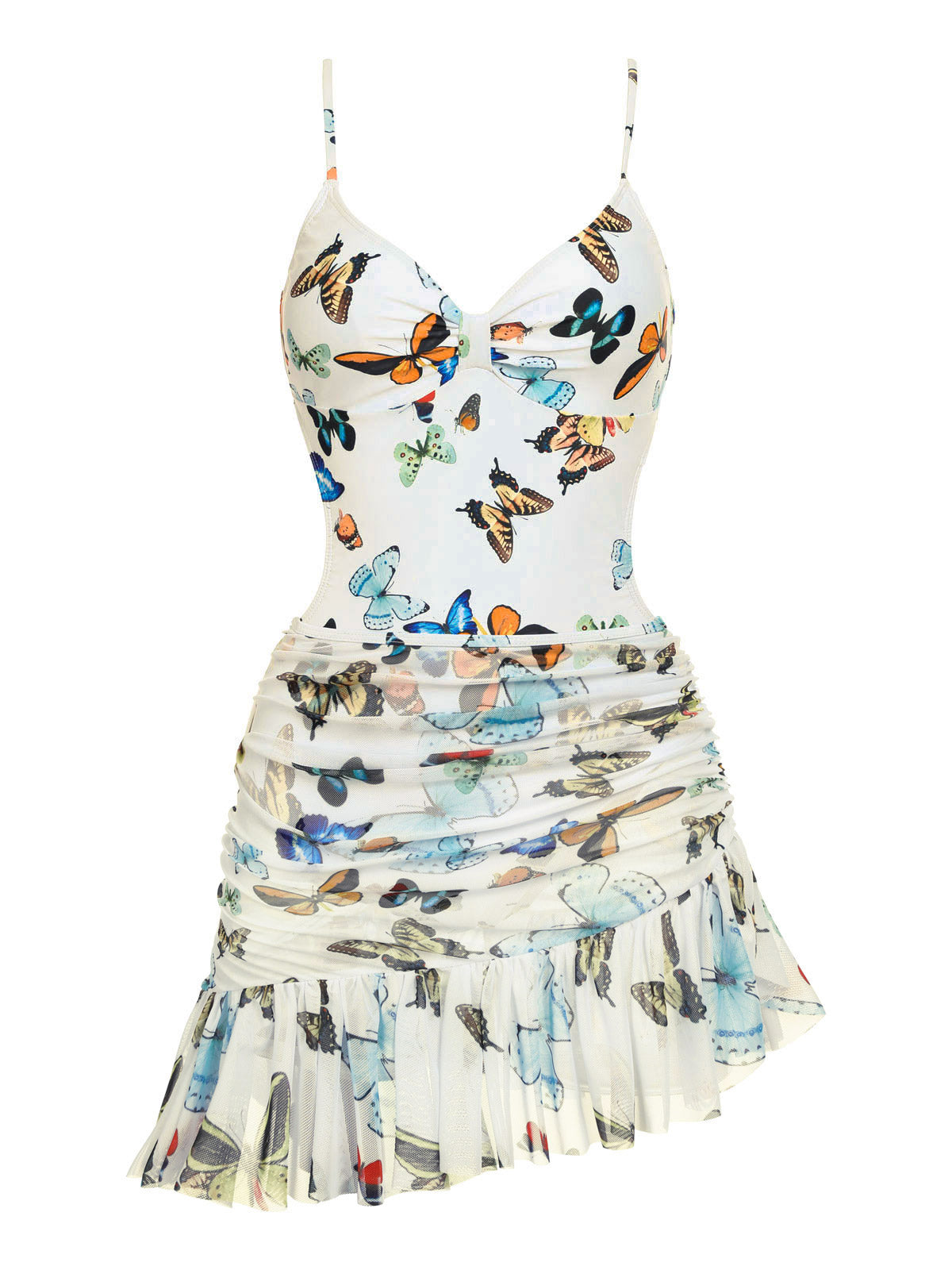 Retro Stage Butterflys Strap One-piece Swimsuit & Cover-up Skirt