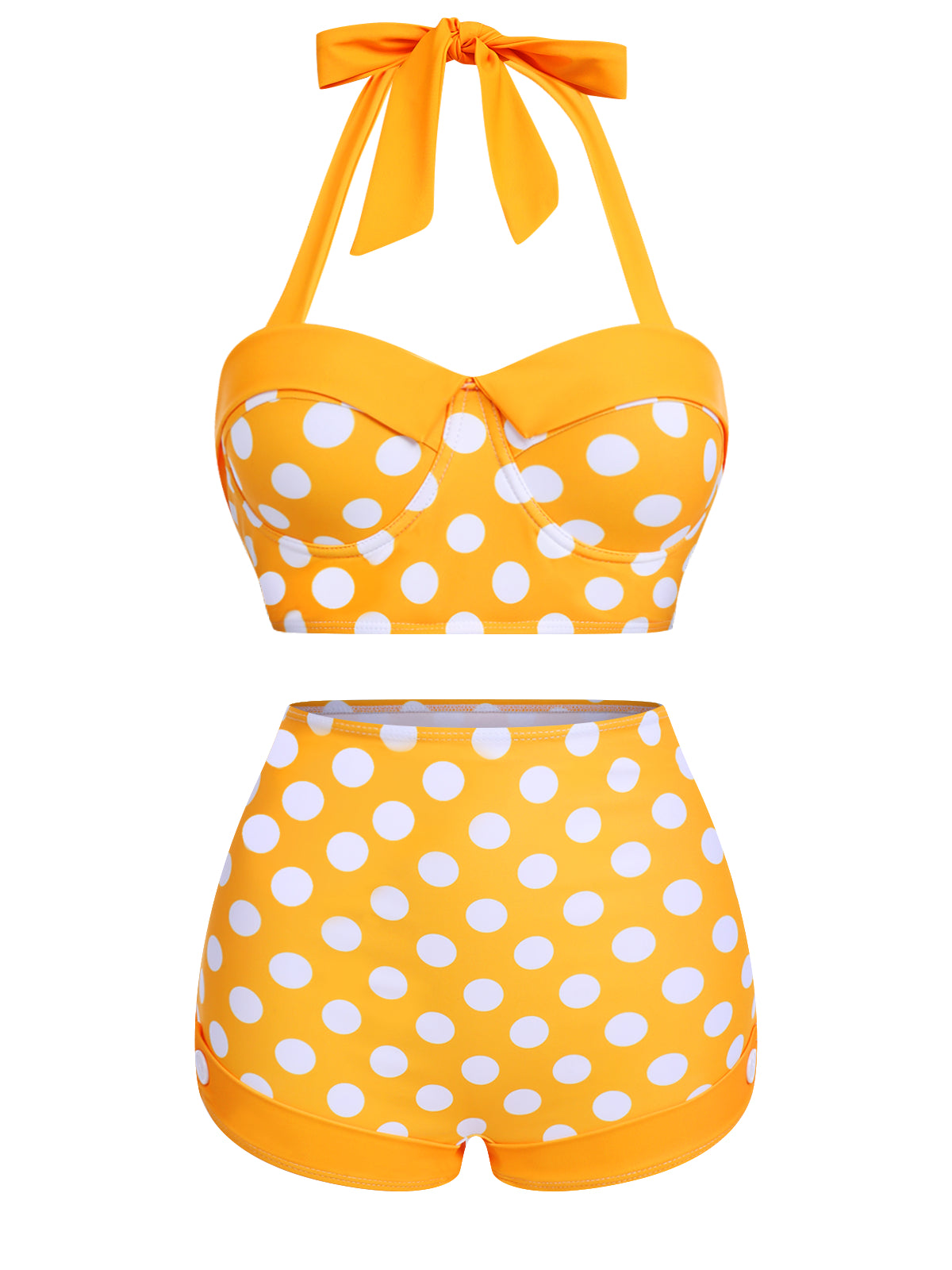 Retro Stage Polka Dots Halter Bikini Set Yellow