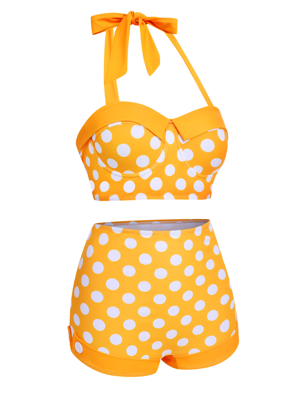 Retro Stage Polka Dots Halter Bikini Set Yellow