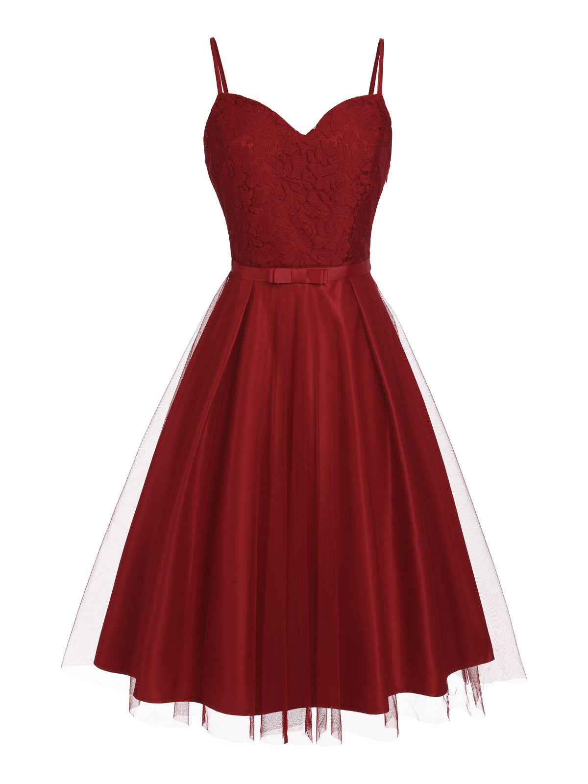 Retro Stage A-Line Knee-Length Chiffon Lace Cocktail Dress Burgundy,L