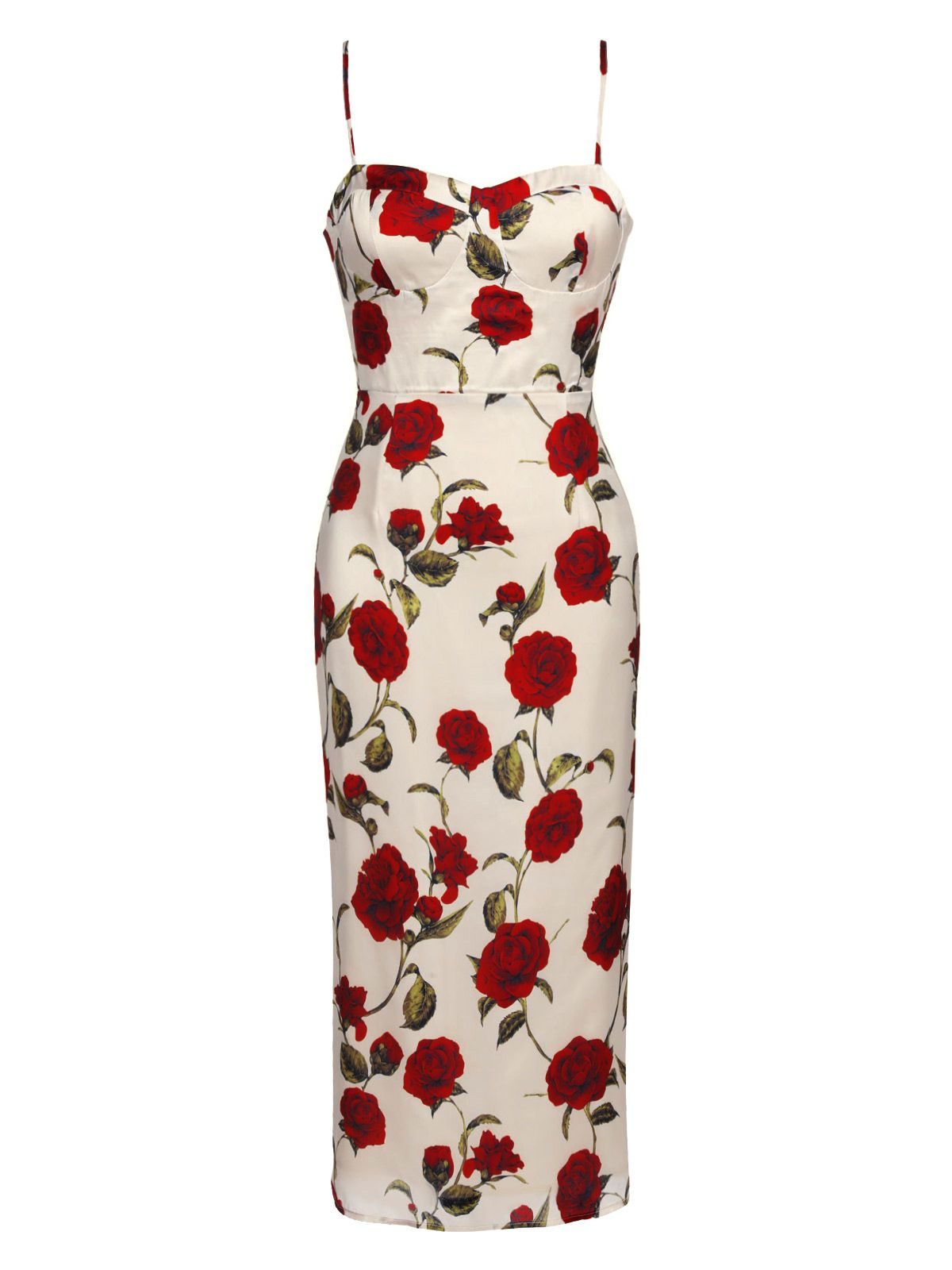 Retro Stage Rose Suspender Pencil Dress Wine Red & White
