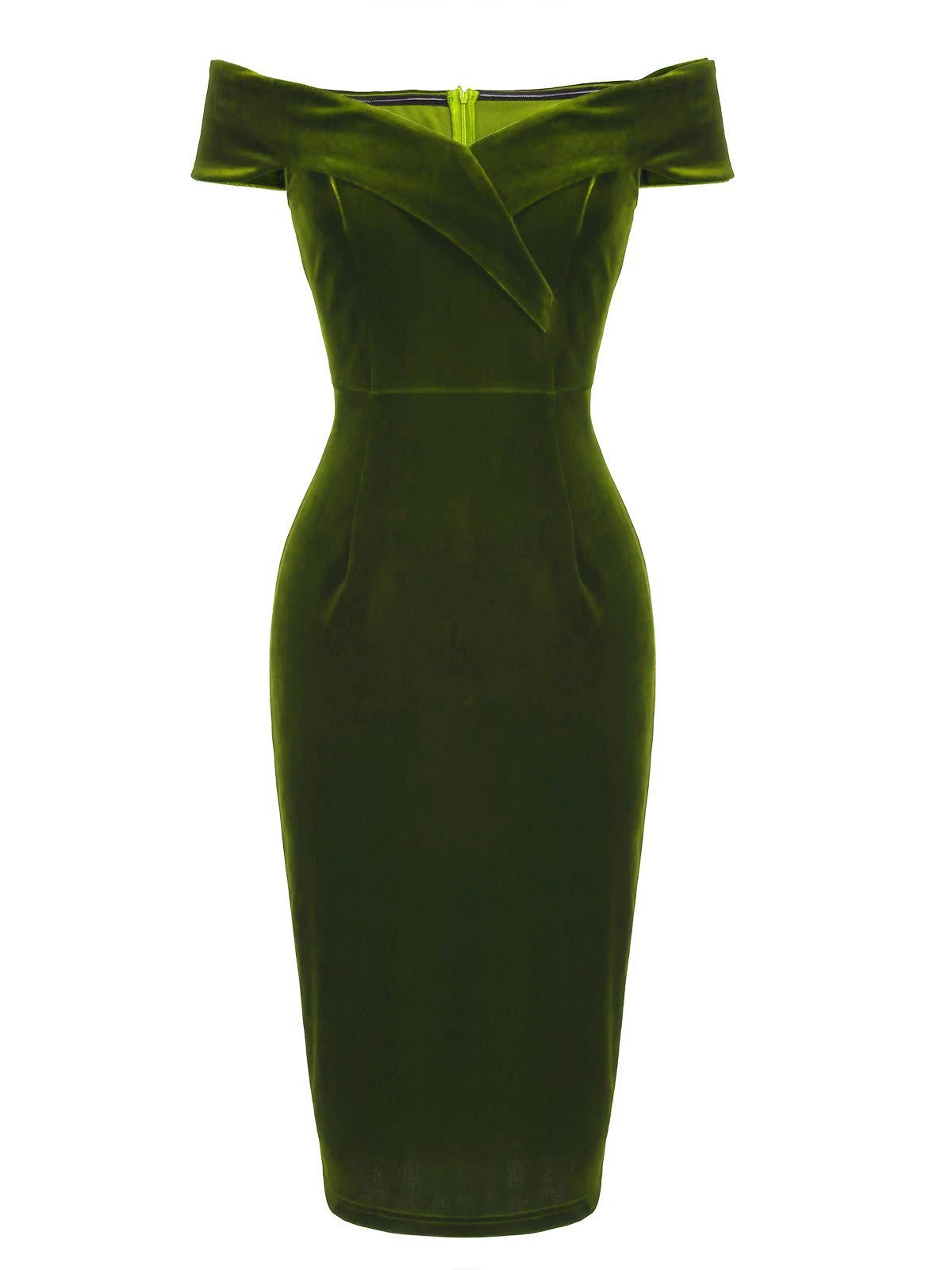 Vintage Off Shoulder Velvet Bodycon Cocktail Green Dress