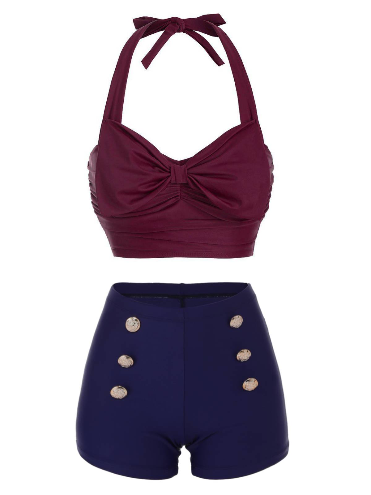Retro Stage 2PCS Bow Halter Wine Red Top & Navy Blue Short Bikini Set