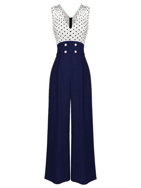 Sophisticated V-neck Polka Dots Print Ankle Length Cocktail Hidden Back Zipper Beach Dress/Evening Dress/Party Dress/Jumpsuit