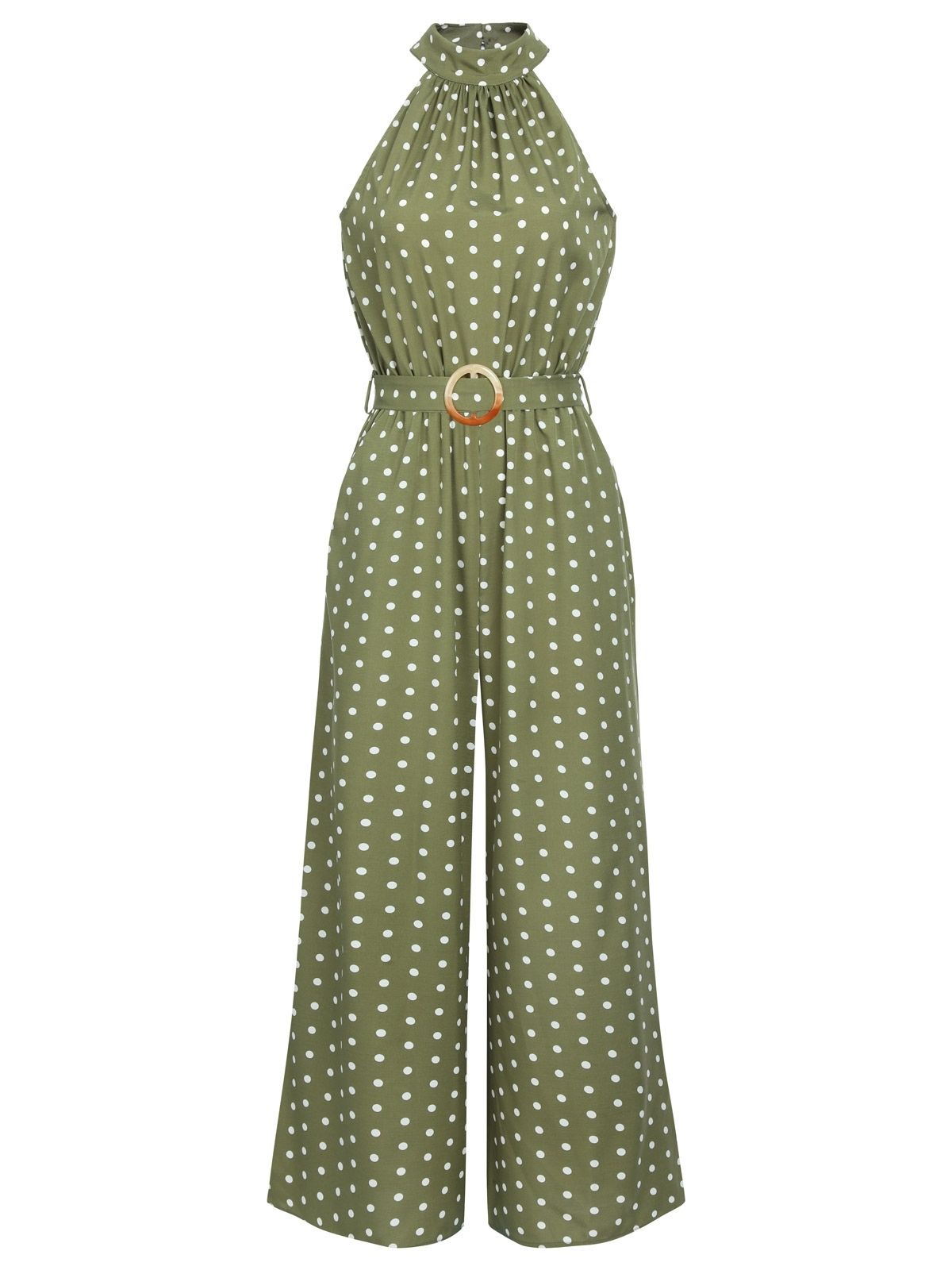 Vintage Polka Dot Belted Jumpsuit Green , Size Small