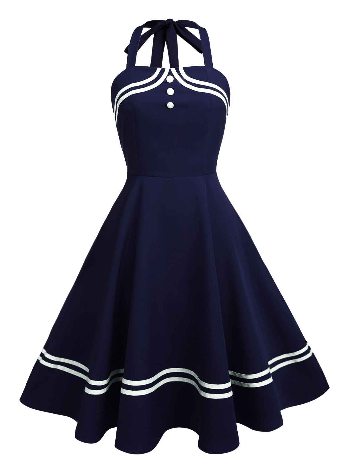 Retro Stage Sailor Style Halter Swing Dress Navy Blue