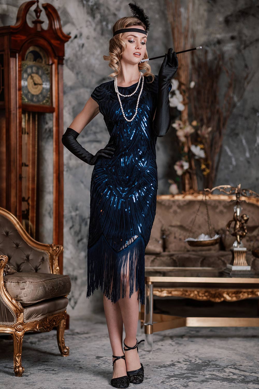 Retro Stage 1920s Tassel Gatsby Flapper Dress Dark Blue