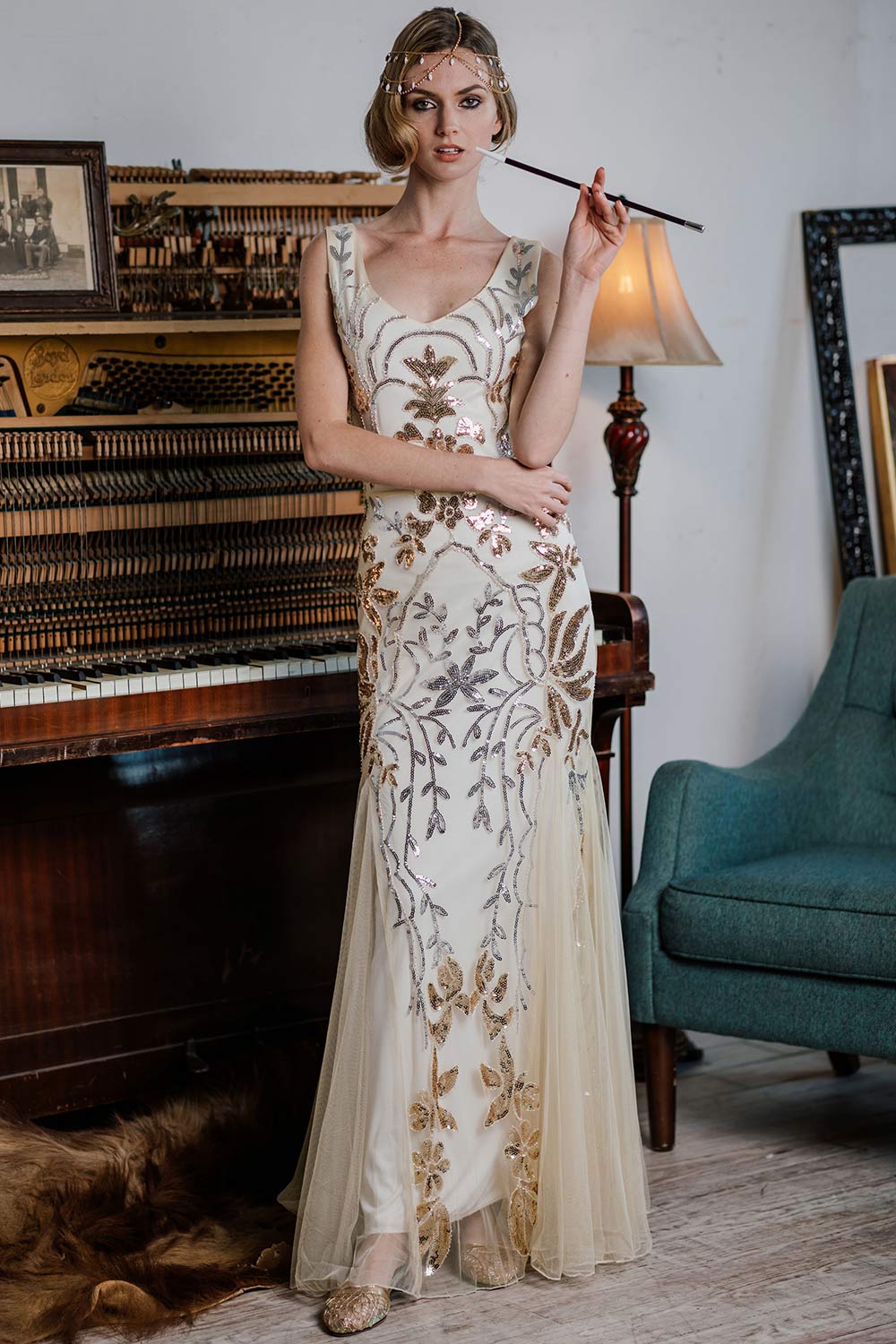 Retro Stage Sequin Maxi Dress Apricot 1920s