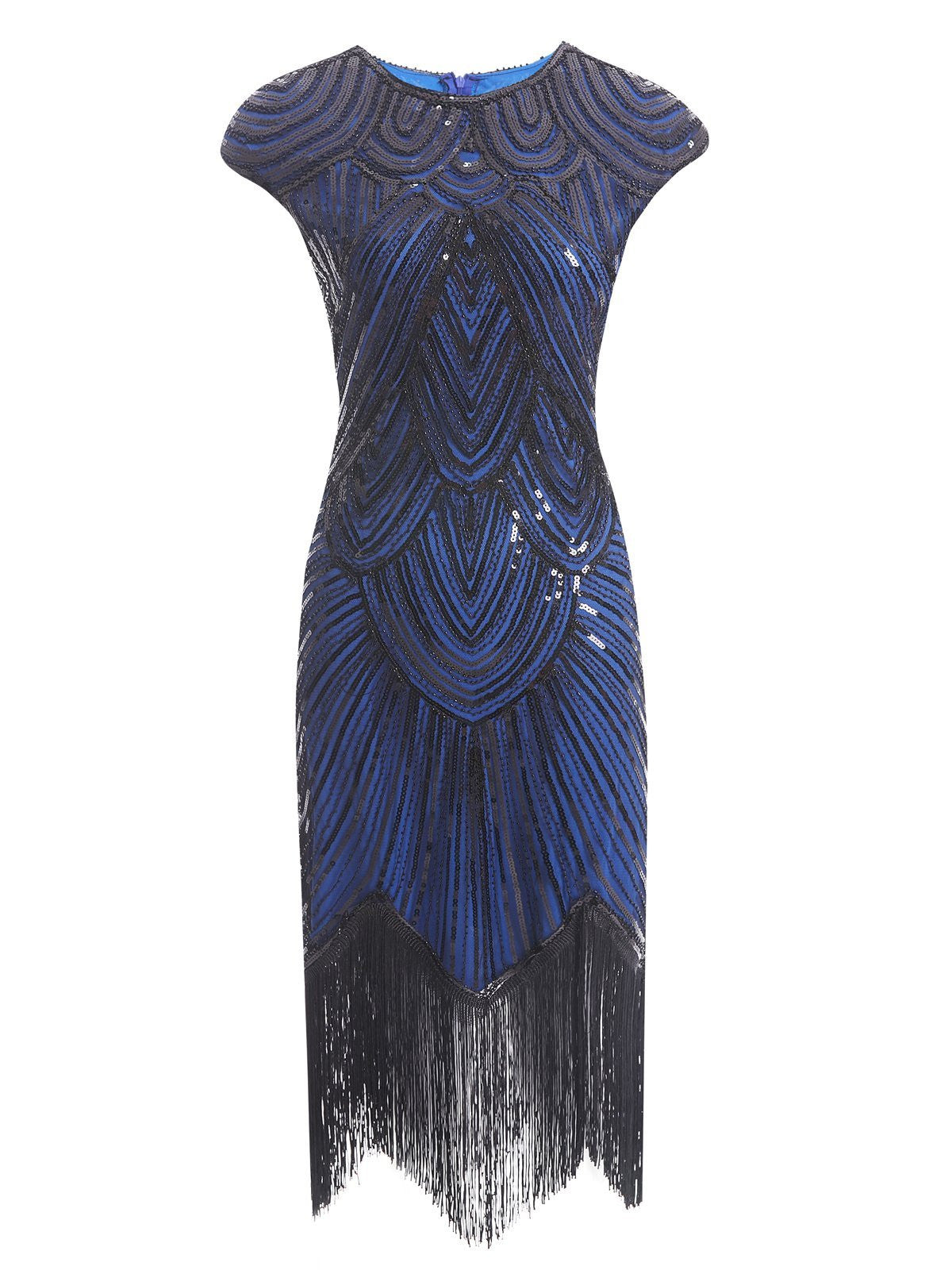 1920s Sequin Beaded Fringed Dress Blue,L