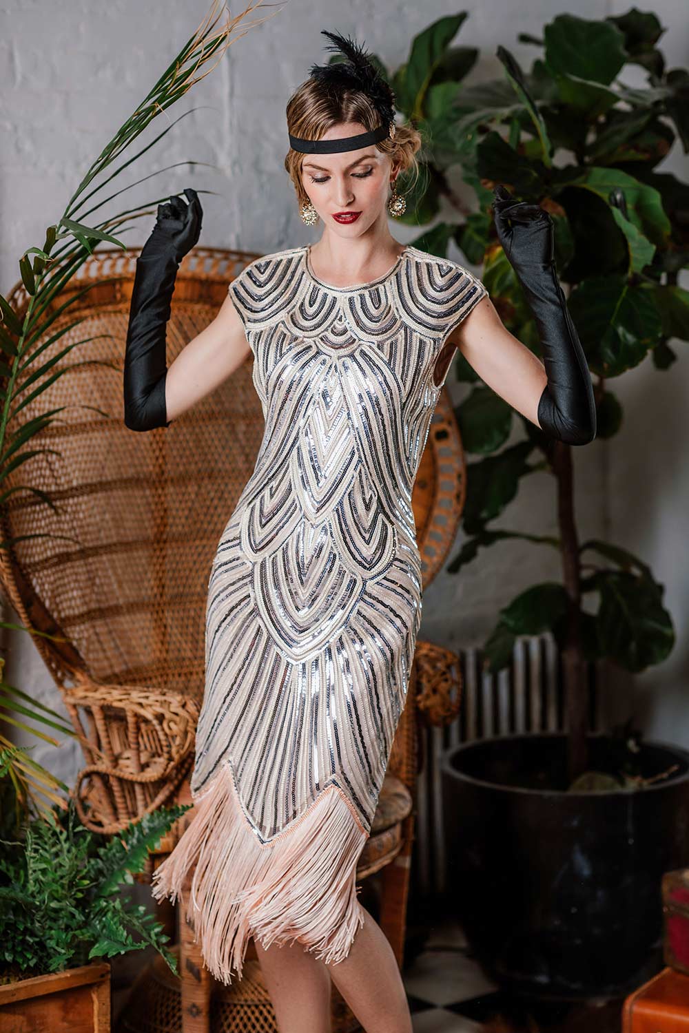 Retro Stage 1920s Tassel Gatsby Flapper Dress Pink,L