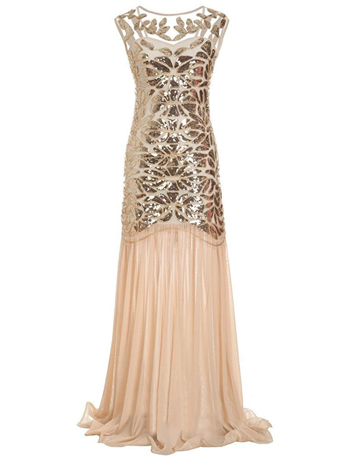 Retro Stage 1920S Sequin Maxi Flapper Dress Apricot,L
