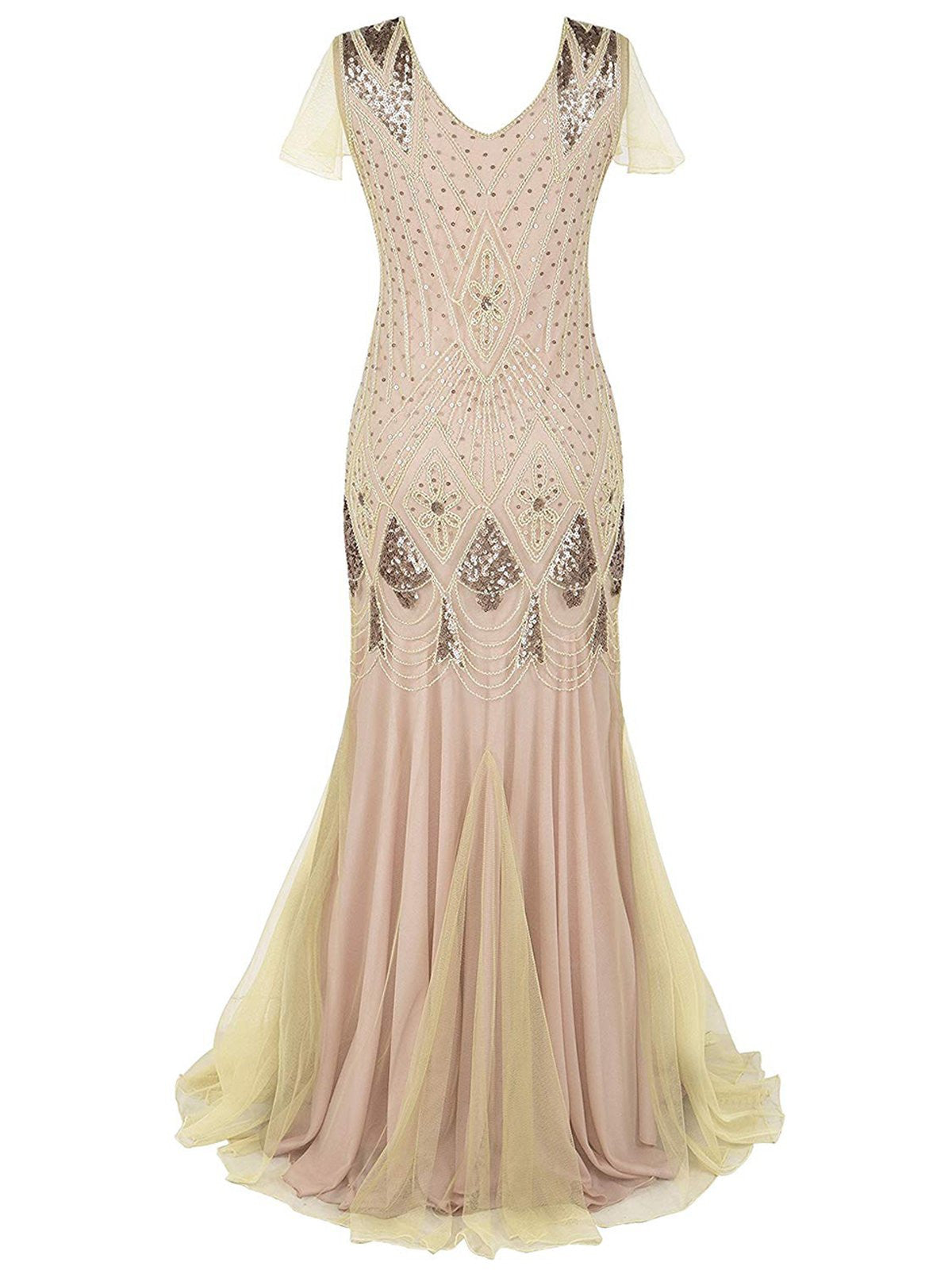 Retro Stage Sequin Gatsby Maxi Dresses Apricot,L